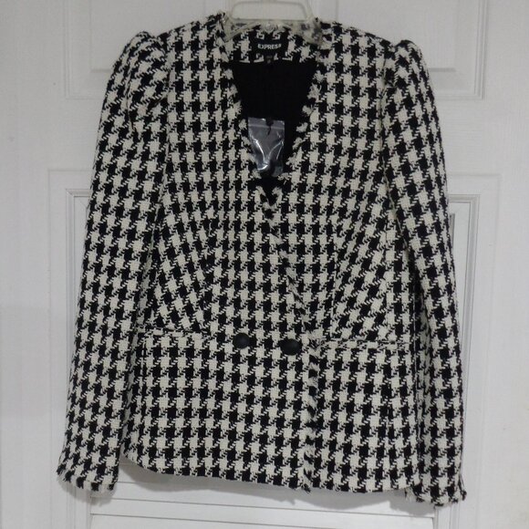 Express Women's Tweed Black and‎ white Plaid Collarless Blazer Jacket Size XS - Picture 1 of 6